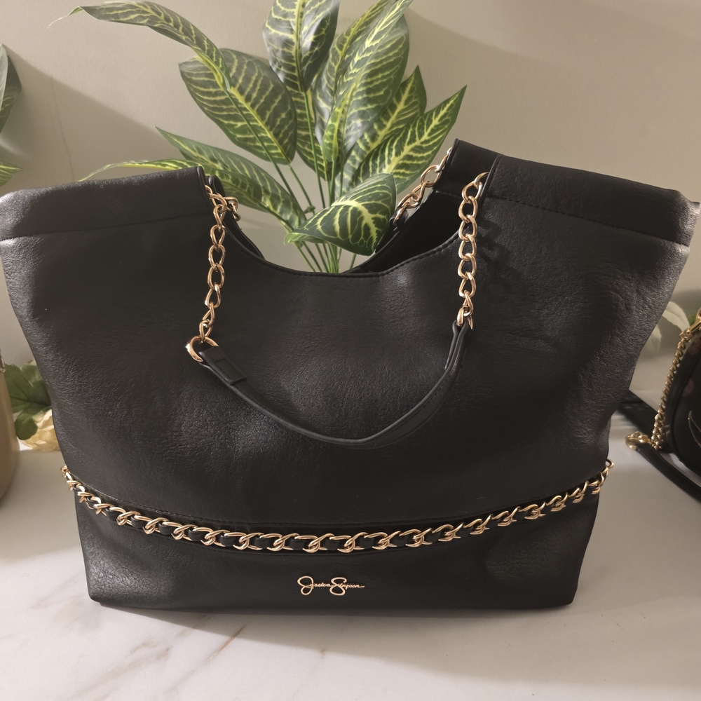 Jessica Simpson Elegant Black Tote with Gold Chain